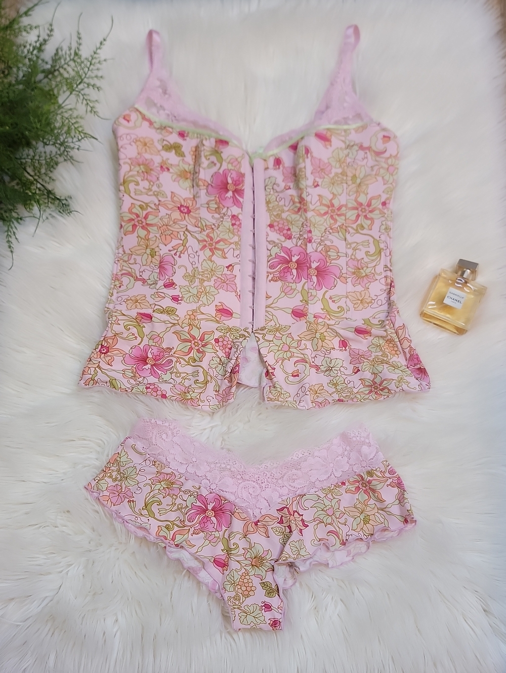 Floral Pink Lace Trim Bustier and Brief Set